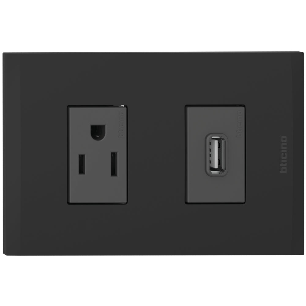 Placa Tomacorriente Polarizada + USB Nobile Negro Bticino