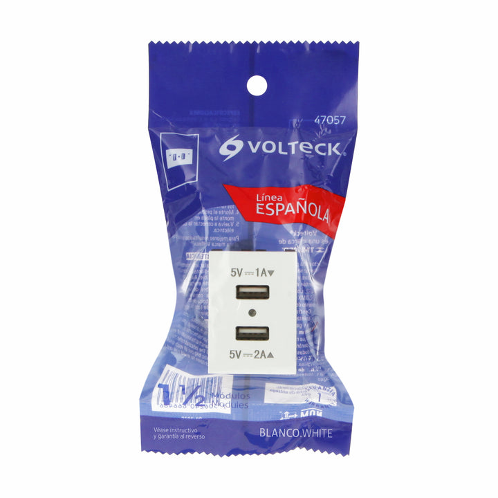 Toma Con 2 Puertos USB, 1.5 Módulos, Línea Española, Blanco