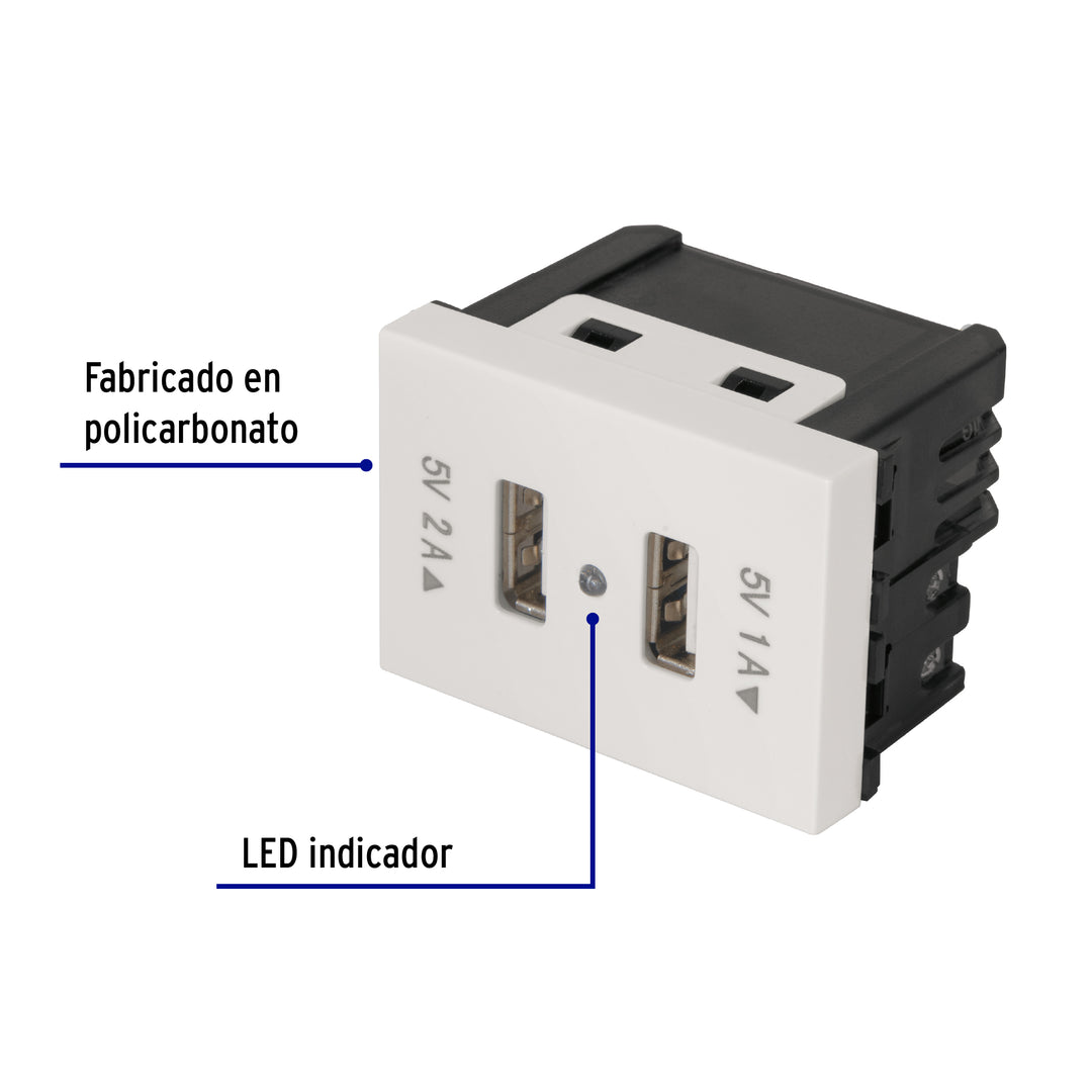 Toma Con 2 Puertos USB, 1.5 Módulos, Línea Española, Blanco
