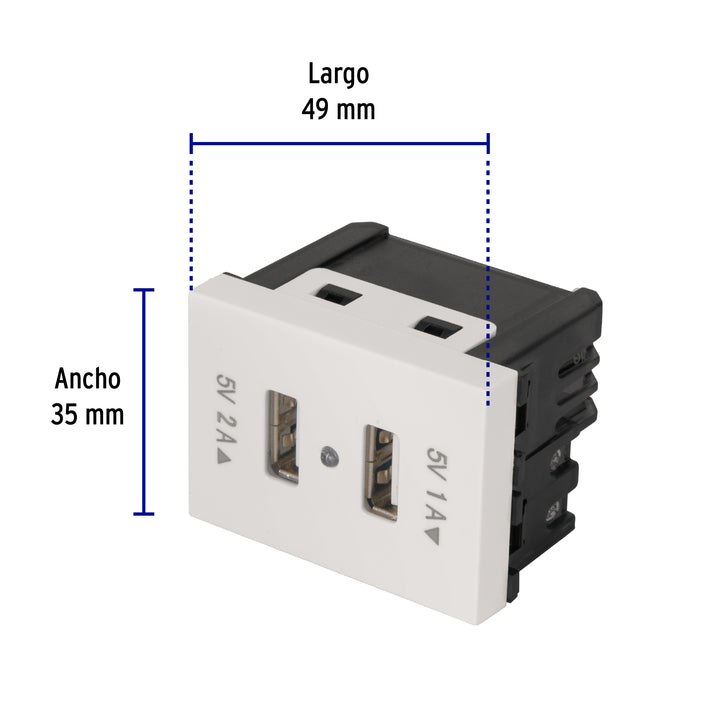 Toma Con 2 Puertos USB, 1.5 Módulos, Línea Española, Blanco