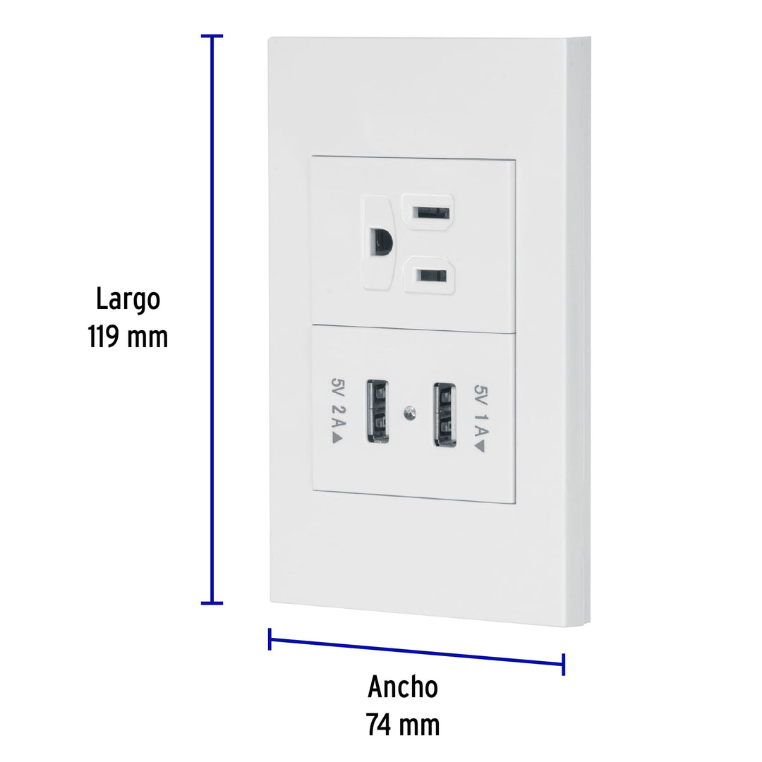 Placa Armada 1CONTACTO, 2PUERTOS USB, 1.5MOD,ESPAÑOLA,BLANCO