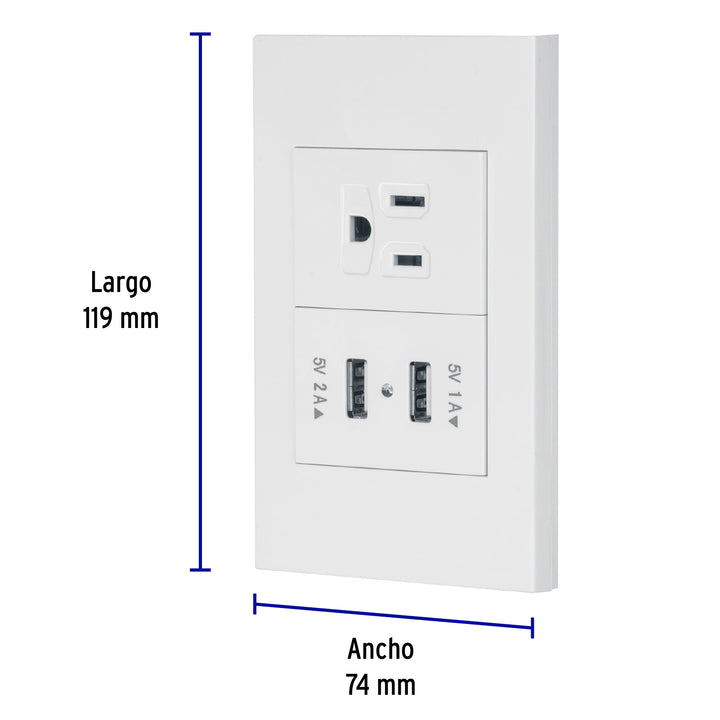 Placa Armada 1CONTACTO, 2PUERTOS USB, 1.5MOD,ESPAÑOLA,BLANCO