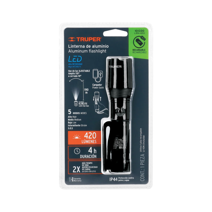 Linterna De Aluminio 1 LED 420LM Recargable, Truper