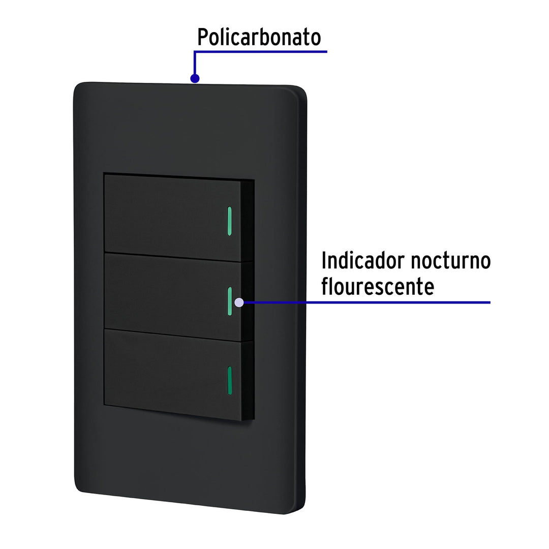 Placa Armada Negra 3 Interruptores 1 Módulo, Lisboa, VOLTECK