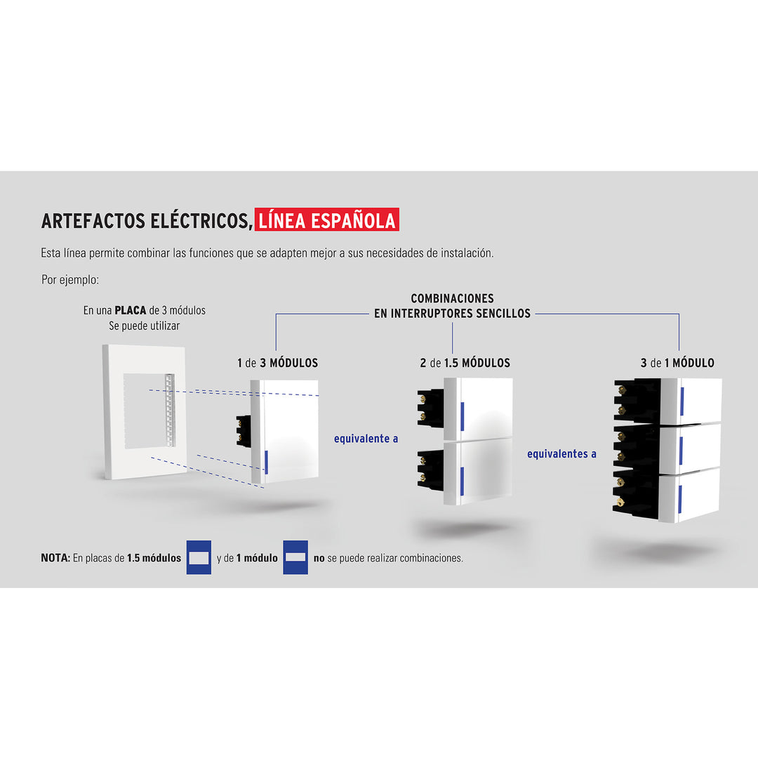 Placa 2 Ventanas, 6 Módulos, Línea Española, Color Negro