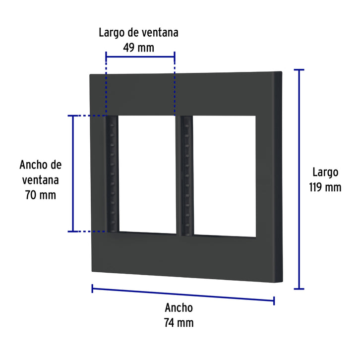 Placa 2 Ventanas, 6 Módulos, Línea Española, Color Negro