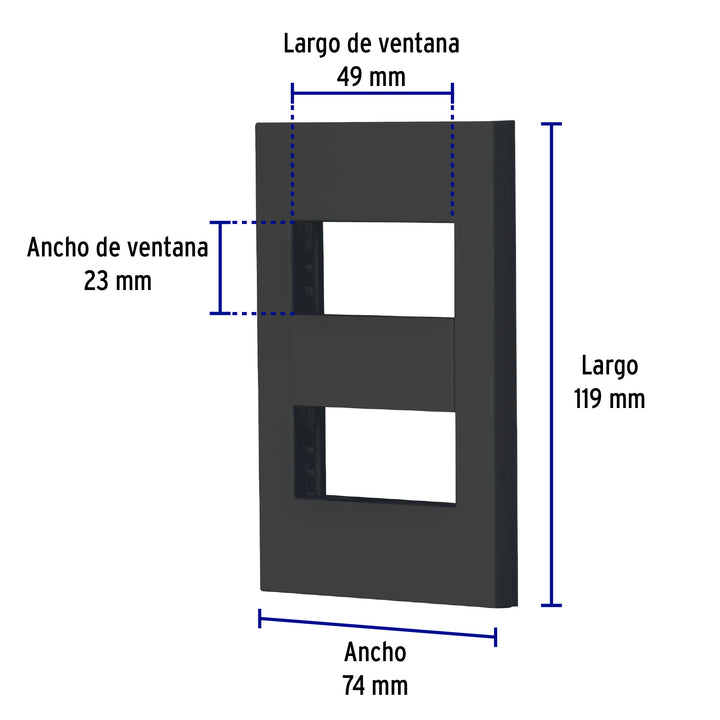 Placa 2 Ventanas, 1 Módulo, Línea Española, Color Negro